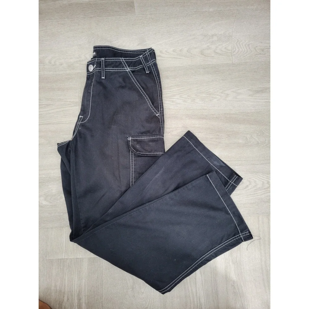 True Religion Cargo Pants Men's Size 32 Black White Stitch Baggy Utility Pockets
